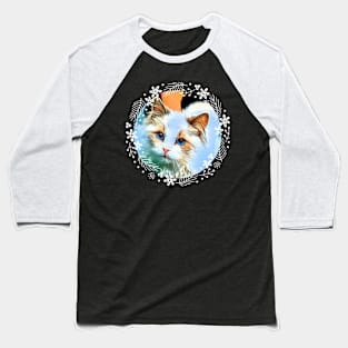 Blue-Eyed Cat in Round White Flower Wreath Baseball T-Shirt